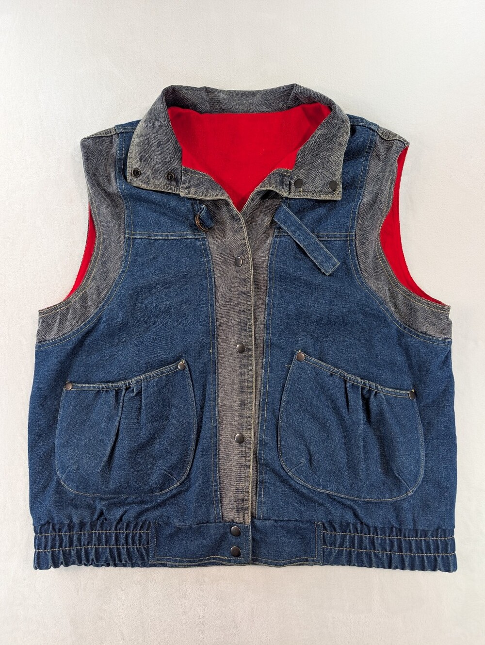 Vtg 80s Izzi Reversible Denim Vest Blue Gray Colorblock Sleeveless Jacket Large